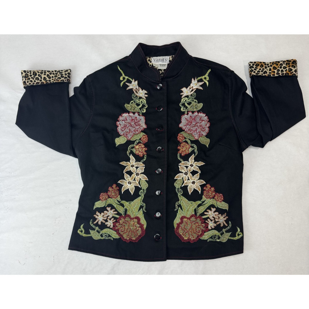 Vintage Vanity Collection Embroidered Beaded Jacket Floral Leopard Lining Small